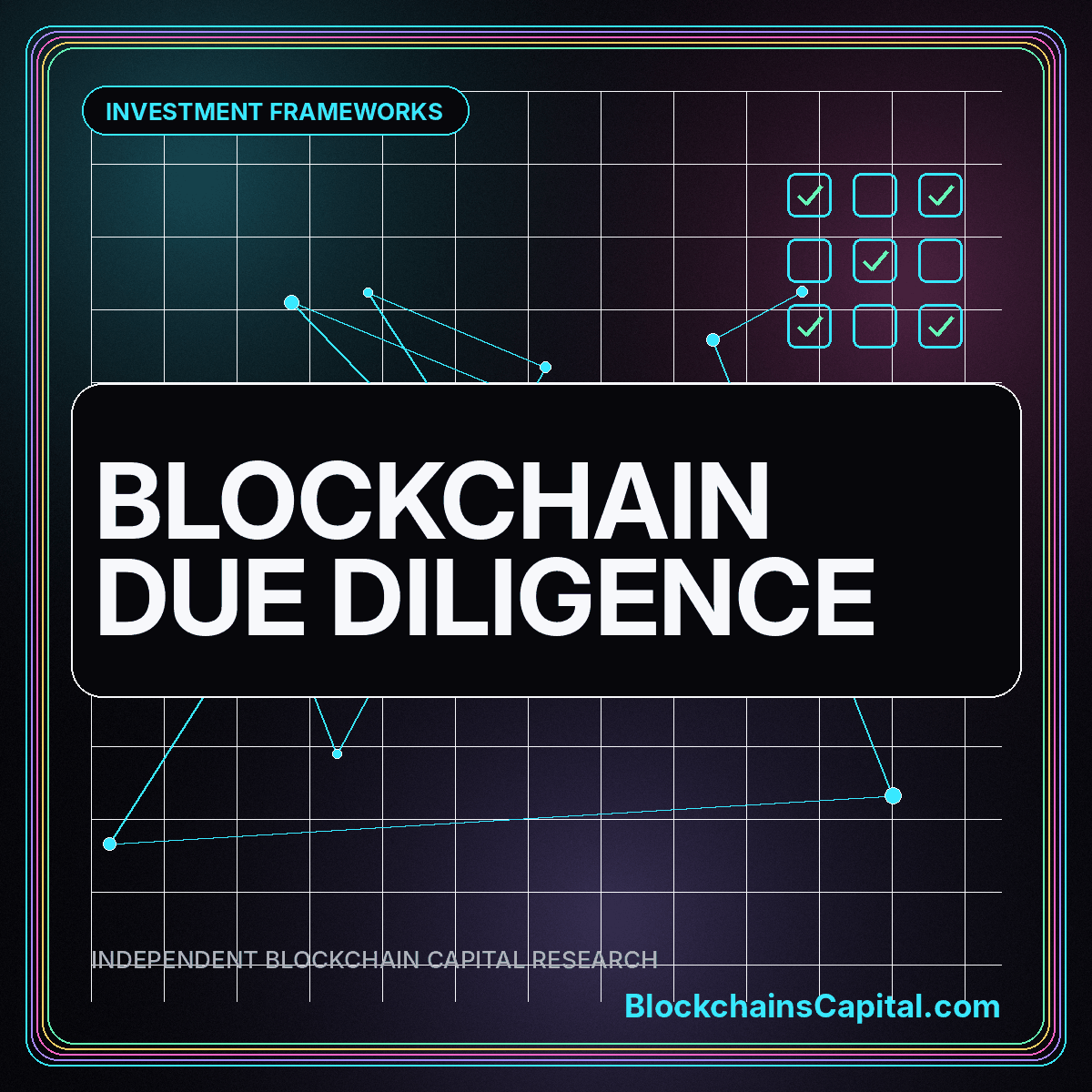 Neon research card reading Blockchain Due Diligence with a twelve-node analysis grid
