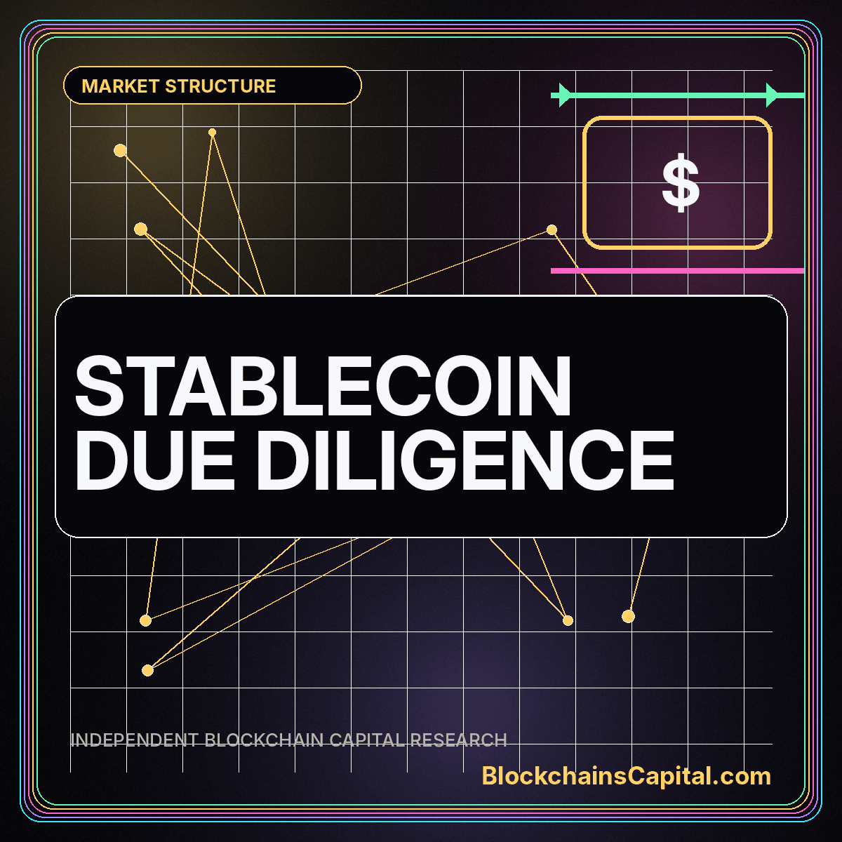 Neon typography card reading Stablecoin Due Diligence with reserve and redemption rails
