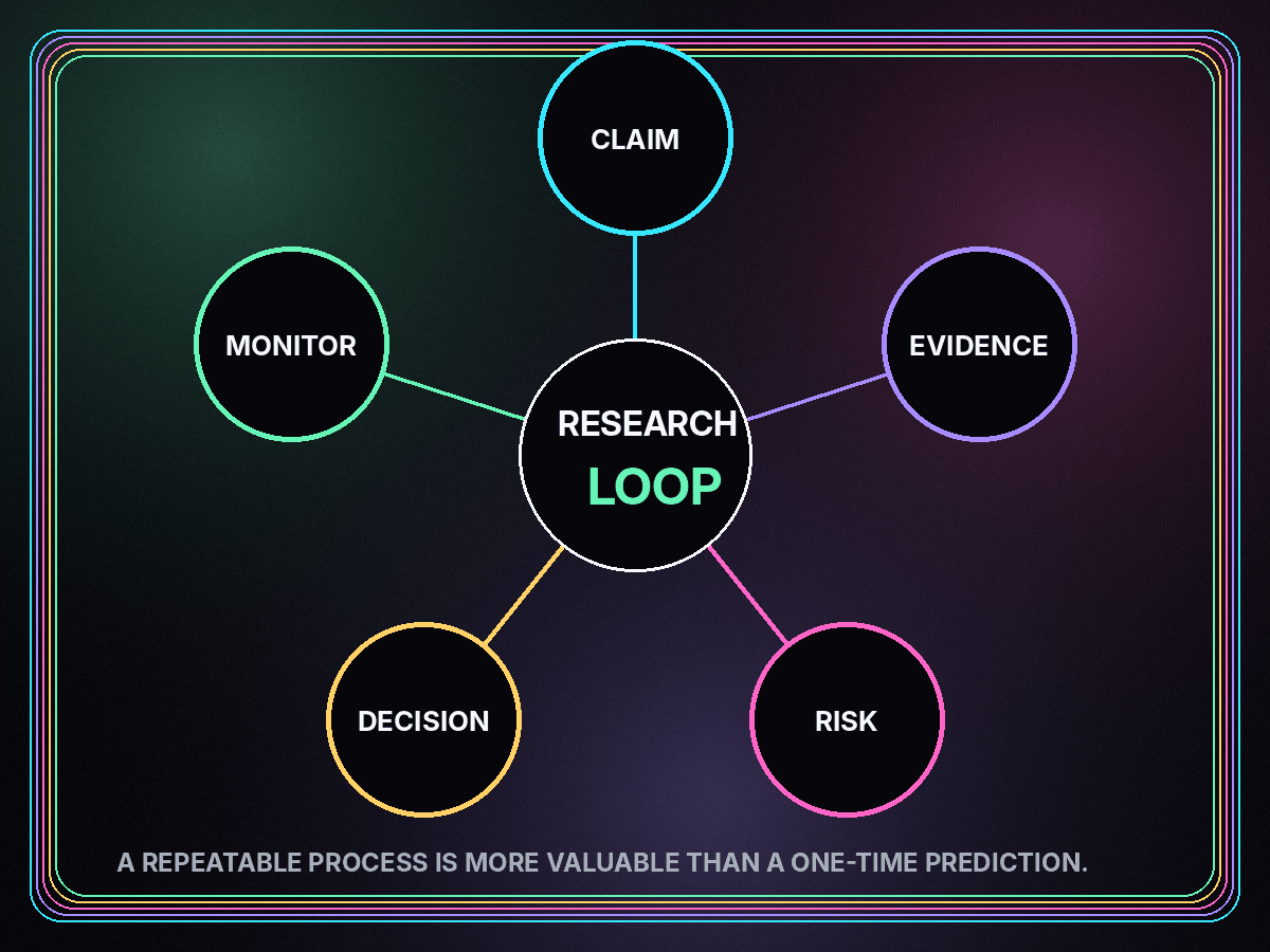 Neon circular research loop connecting claim, evidence, risk, decision, and monitoring